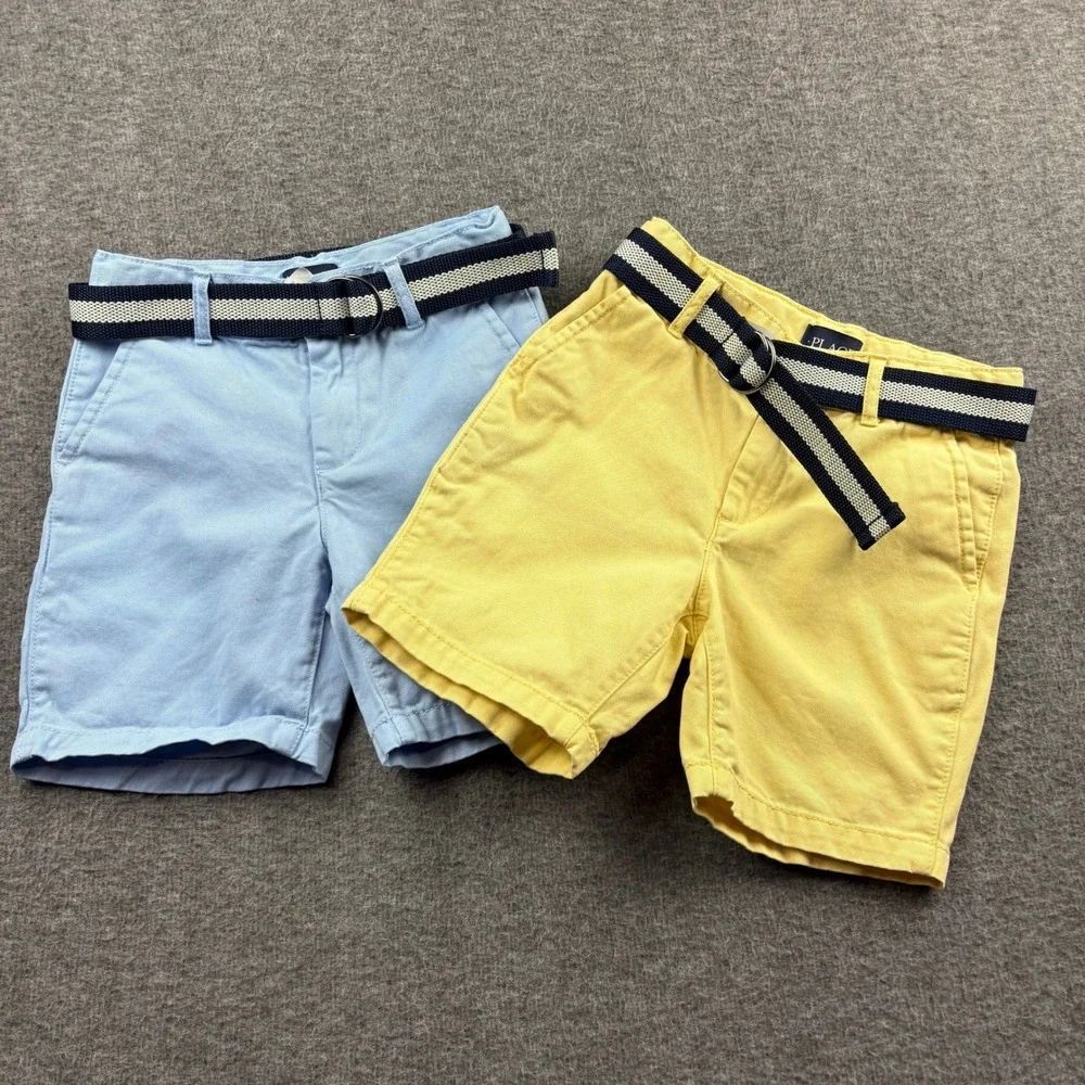 The Childrens Place Boys Shorts Set 2 Pairs Light Blue Yellow Belt Size 6 Preppy